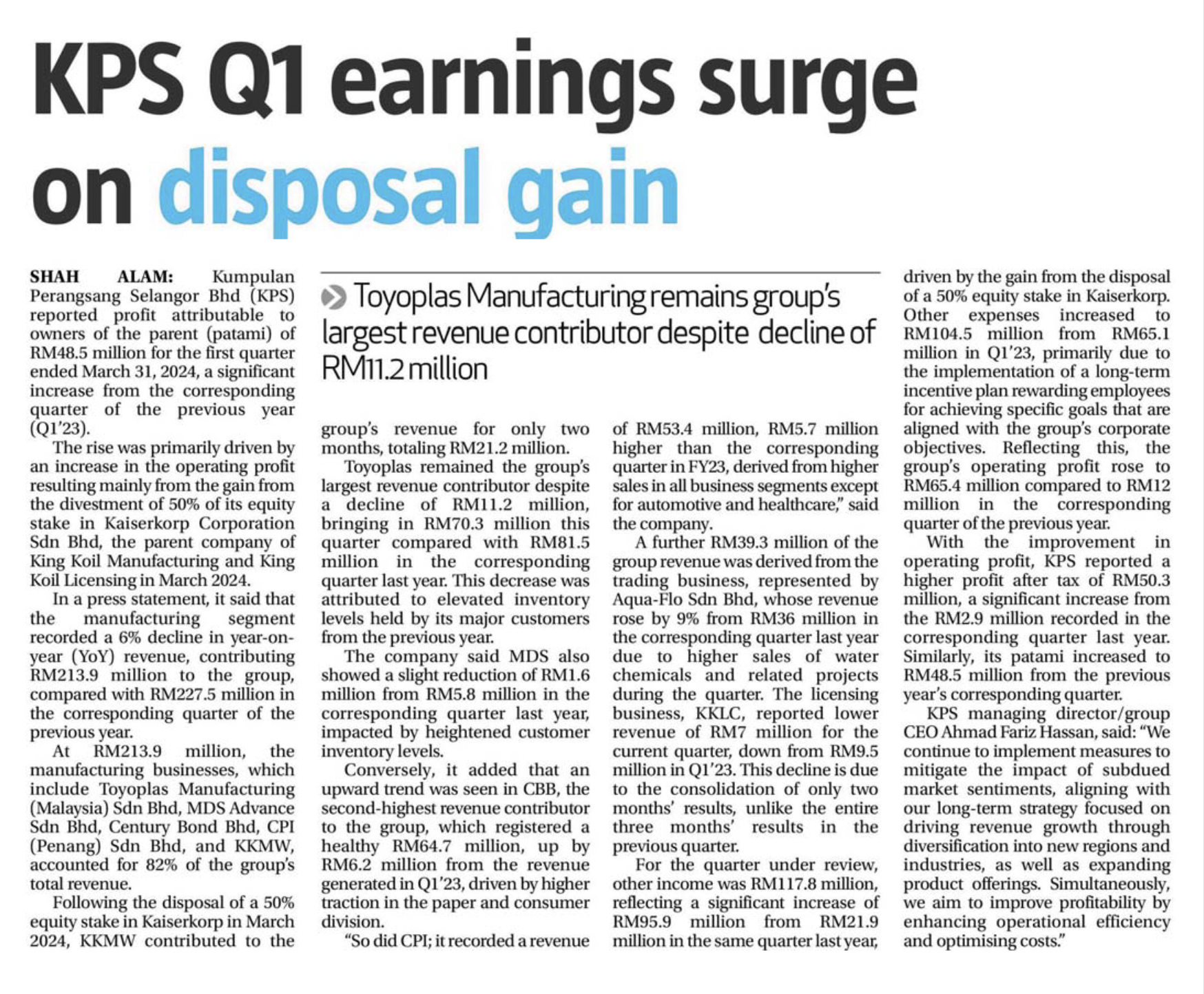 KPS Q1 earnings surge on disposal gain